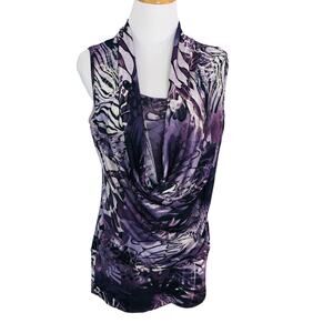 New Options Slinky Cowl Neck Blouse Sleeveless Purple Animal Print Size Small